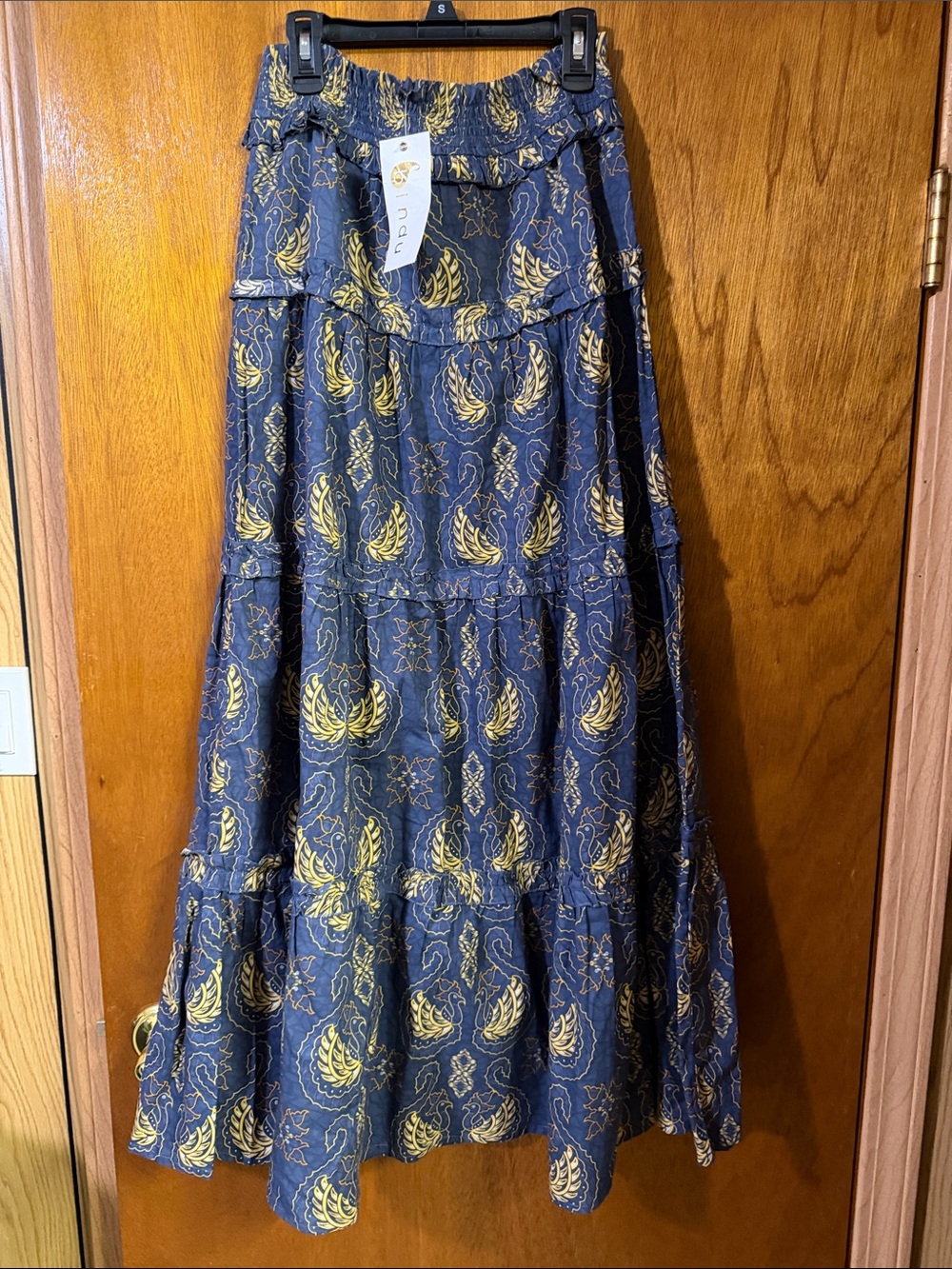 Nau Navy Maxi Skirt with Gold Botanical Print